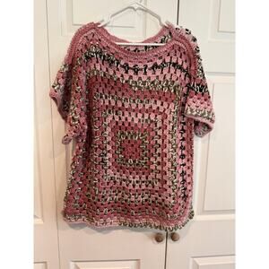 Pink crochet granny square short sleeve sweater. Beautiful hand work!